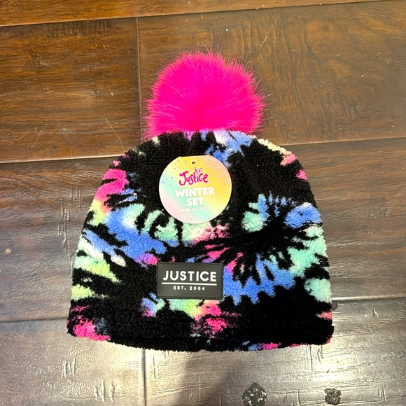 Justice Black Multi Color Beanie w/ pink faux fur pom pom NEW NWT Tween Teenager - Picture 3 of 7